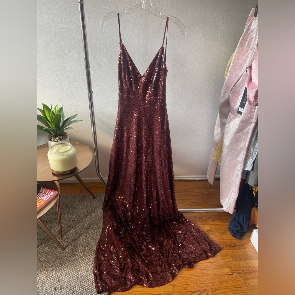 L’Atiste Backless Open Back Sequin Full length Maxi Dress-Burgundy Dark Red L - Picture 5 of 11